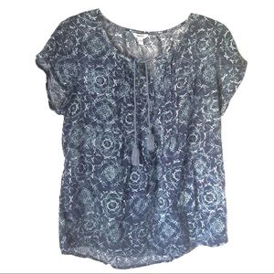 HOLDSonoma navy patterned drawstring neckline tee